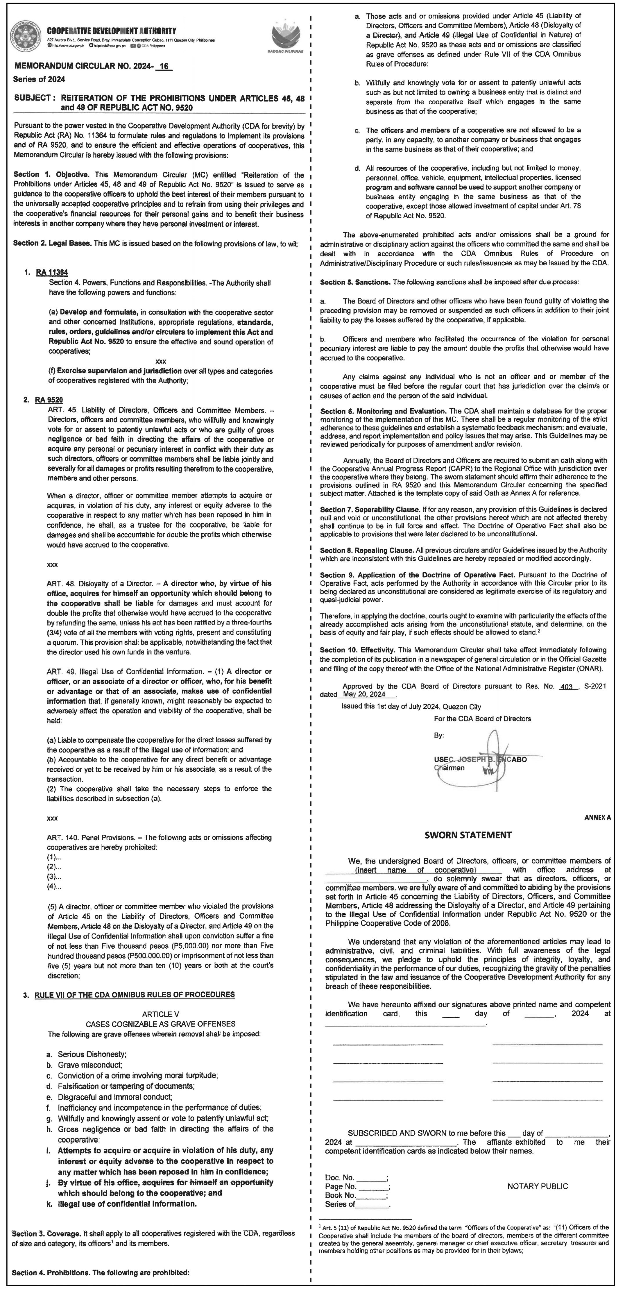Cooperative Development Authority - Memorandum Circular No. 2024-16